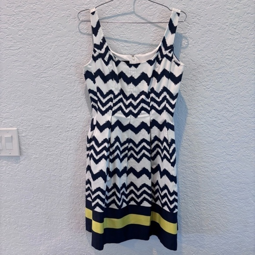 Nine West Navy and White Zigzag Midi Dress with Yellow Trim
